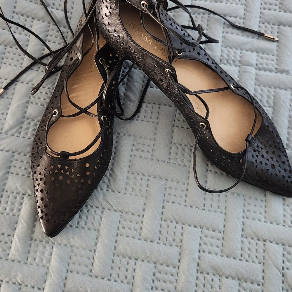 Ivanka black leather ankle tie flats NWT size 9 - Picture 10 of 11